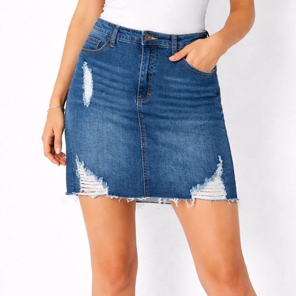 Wax Jean Denim Mini Skirt Womens Small Dark Blue Distressed Raw Hem